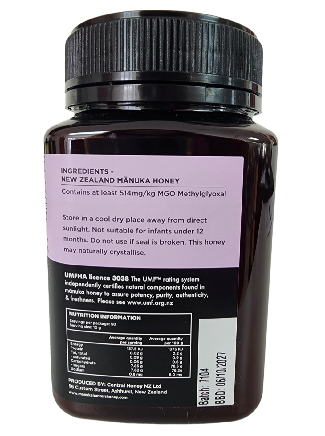 New Zealand Mānuka Honey UMF 15+ MGO 514+ 250g Nutritional Information