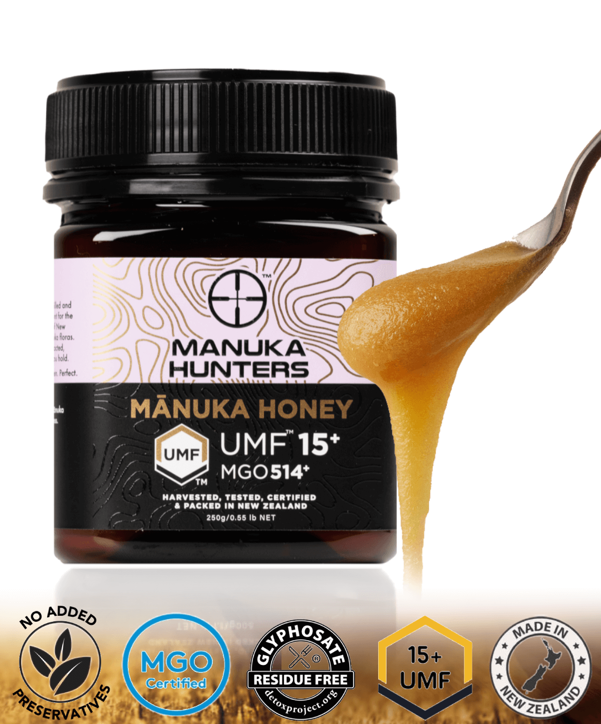 NZ Manuka Honey UMF 15+ MGO 514+ 250g honey spoon